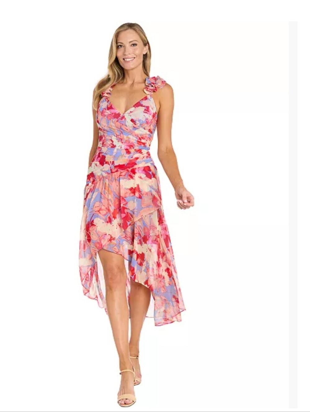 R&M Richards Floral Chiffon Dress Sz 12P Pink Blue Ruffle Sleeve Midi Cocktail